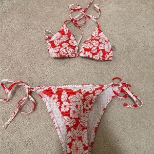 Red and White Floral Bikini Set